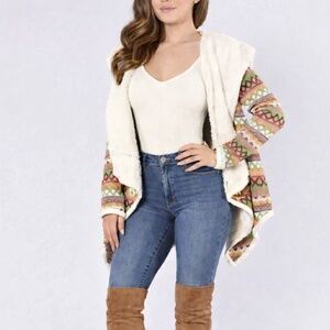 Equestrianista Sherpa Lined Aztec Southwestern Hooded Draped Cardigan Jacket M